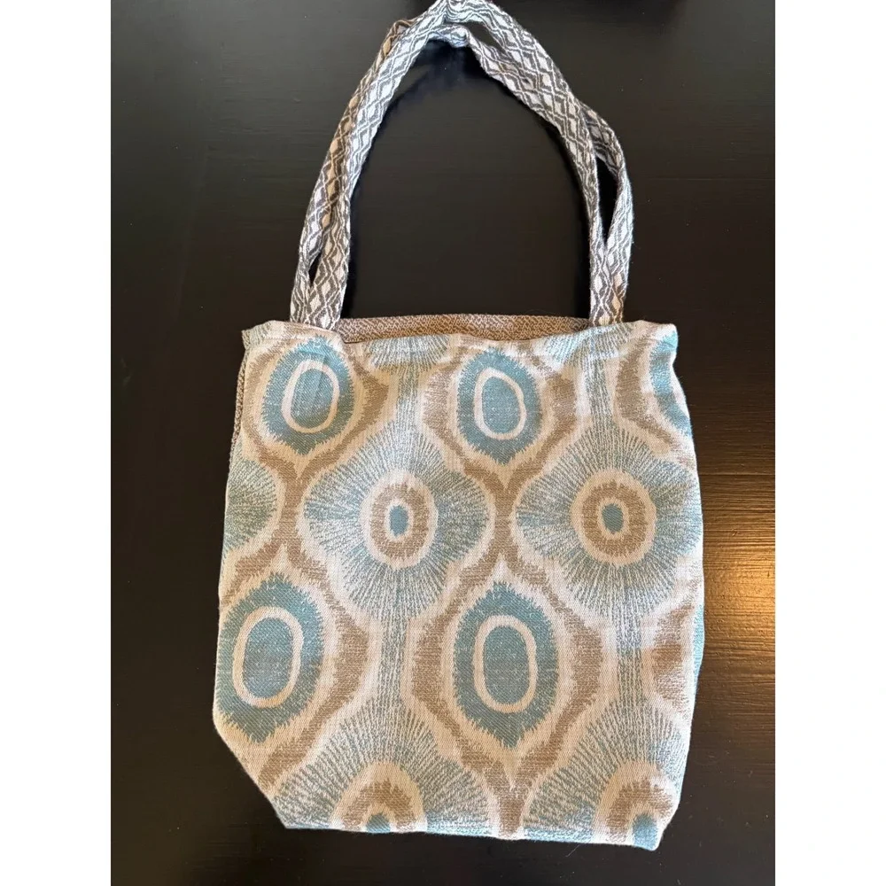 Boho Ikat Woven Tote Bag Turquoise Tan Geometric‎ Tapestry Shoulder Bag